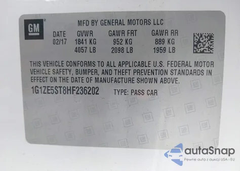 2017 Chevrolet Malibu 1Lt из США, поврежденный, VIN 1G1ZE5ST8HF236202